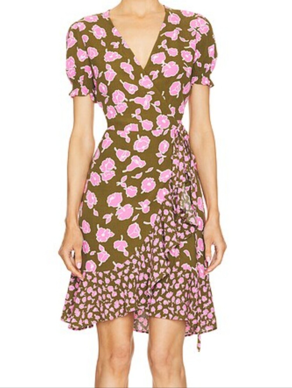 Diane Von Furstenberg Olive Green and Pink Floral Wrap Mini Dress